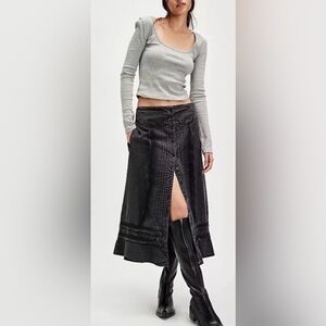 Free People Washed Black Whitney Lace Trim Prairie Western Midi Skirt XL NWT$128